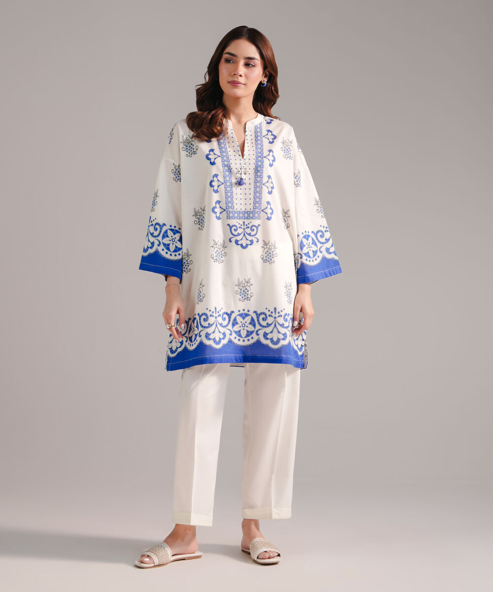 Women's RTW Lawn Printed Off White Straight Shirt