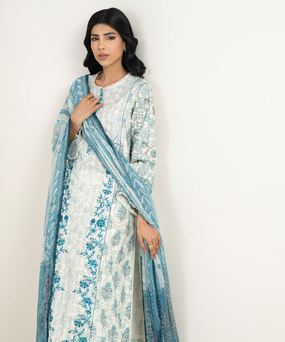 Women's RTW Cotton Embroidered Blue 3 Piece Suit