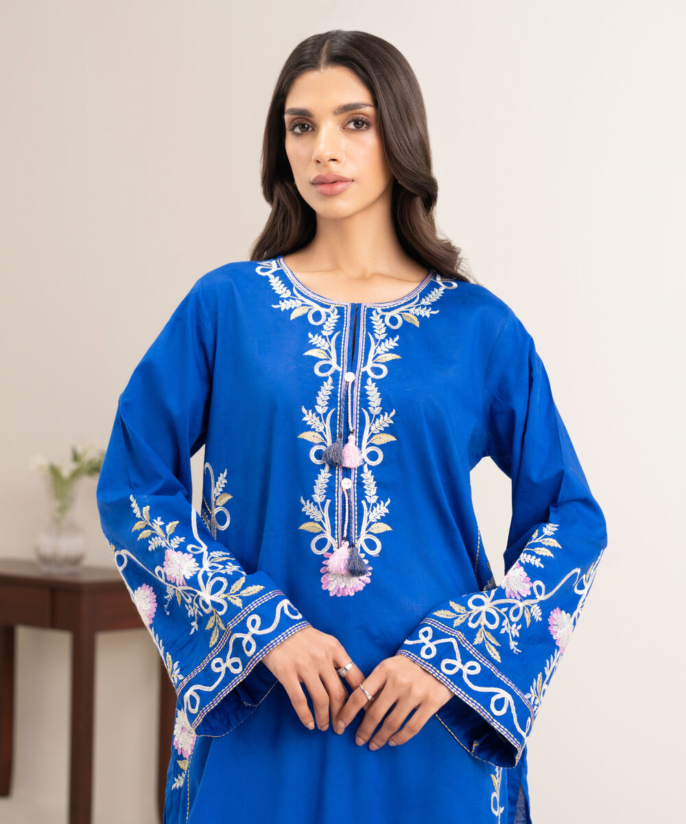 Women's RTW Self Jacquard Embroidered Blue Straight Shirt