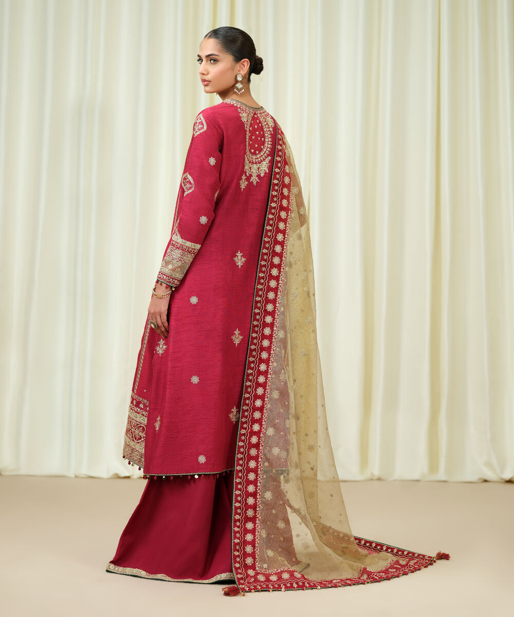 Women's Unstitched Raw Silk Embroidered Pink 3 Piece Suit