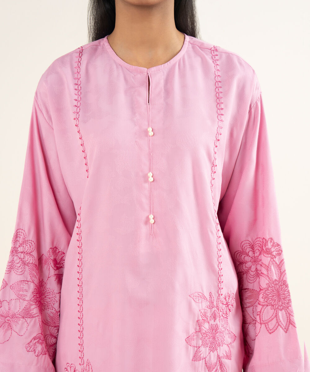 Women's RTW Self Jacquard Leno Embroidered Pink Drop Shoulder Shirt