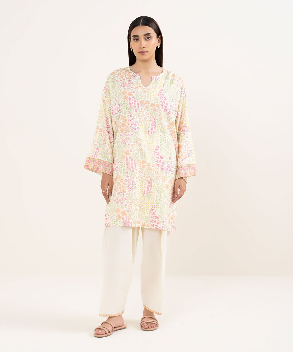 Women's RTW Lawn Off White Embroidered Drop Shoulder Shirt
