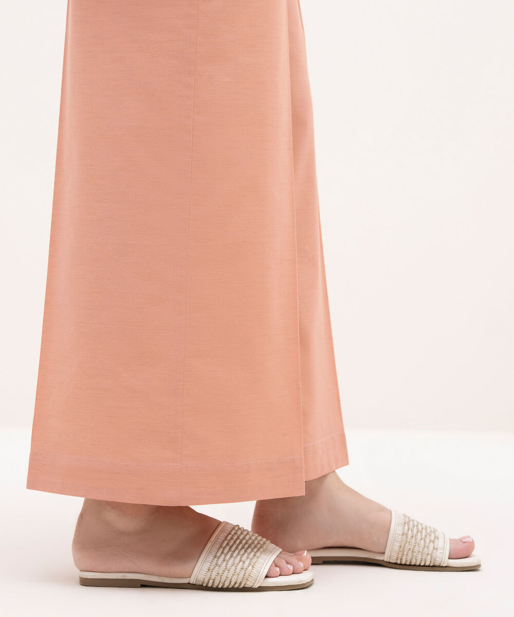 Women's RTW Textured Cotton Peach Solid Flared Pants