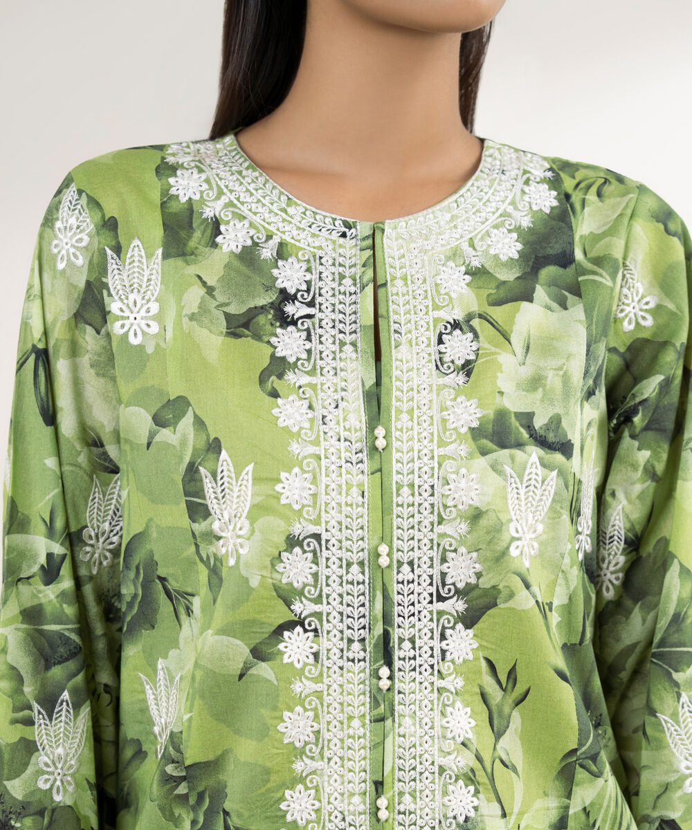 Women's RTW Lawn Green Embroidered A-Line Shirt