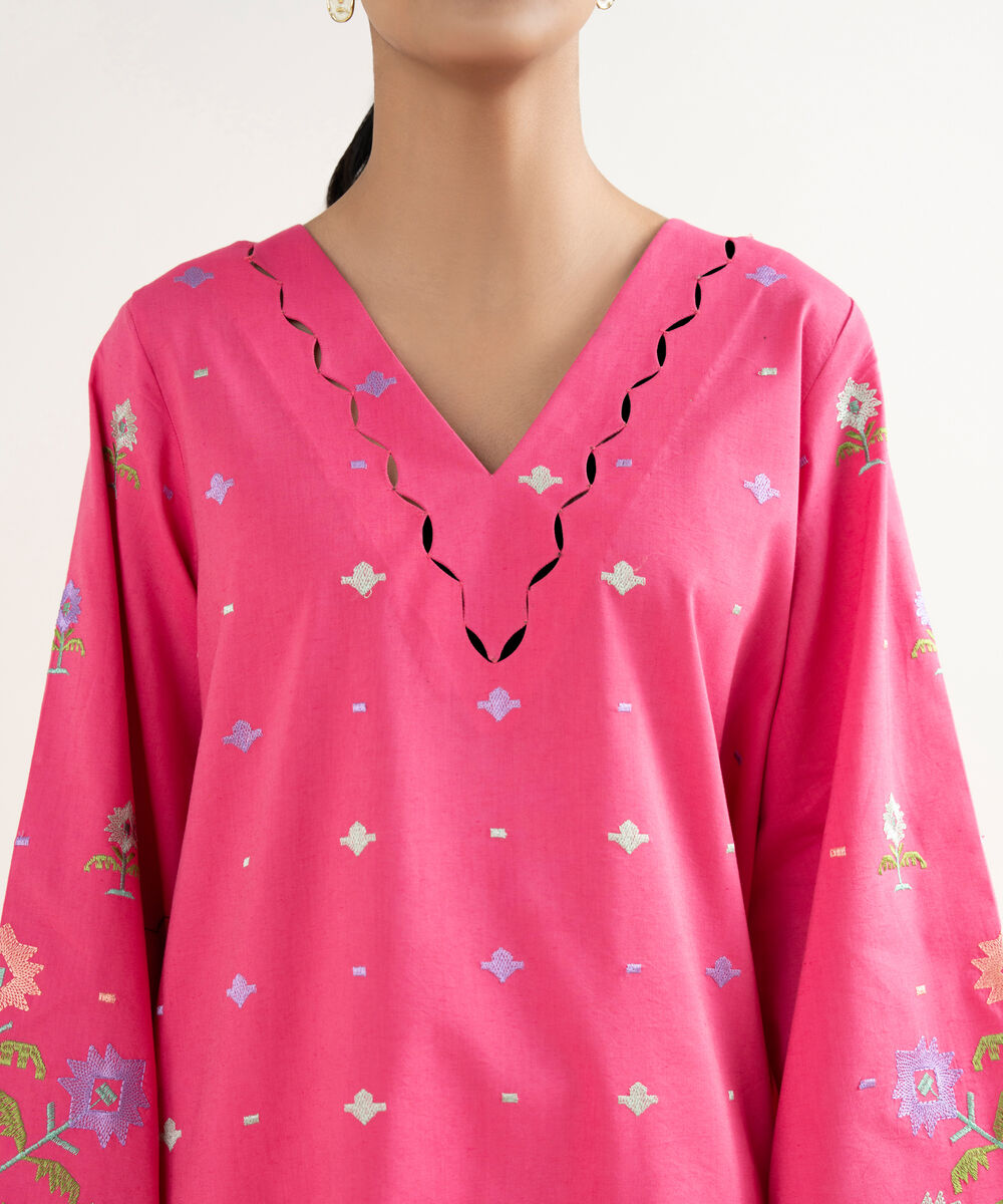 Women's Unstitched Cotton Viscose Embroidered Pink 3 Piece Suit