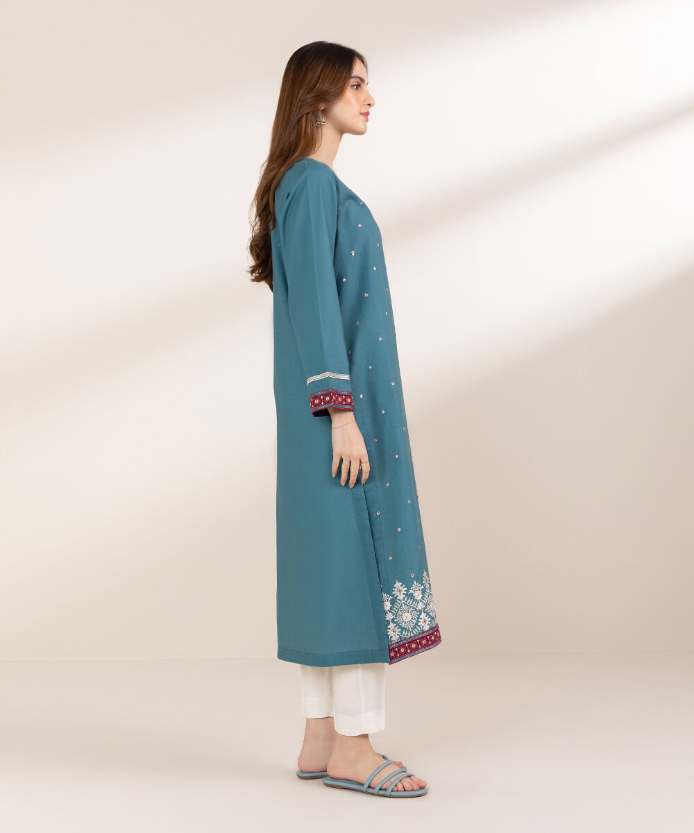 Women's Pret Cambric Green Embroidered Front Open Jacket