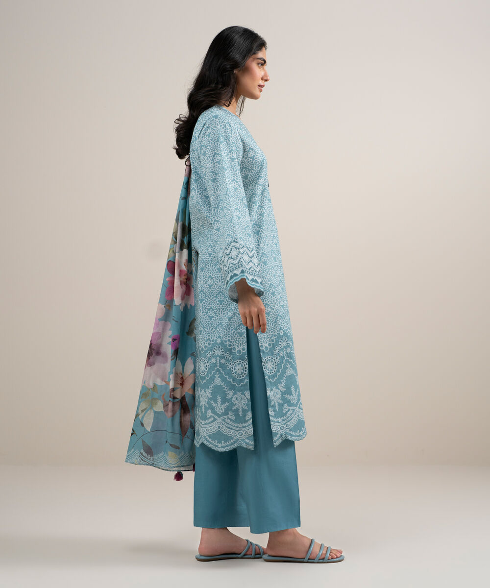 Women's Unstitched Lawn Printed Ice Blue 3 Piece Suit