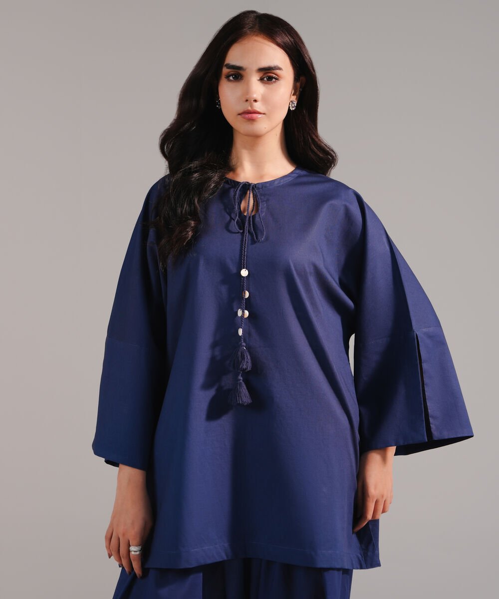 Women's RTW Crosshatch Solid Dark Blue Drop Shoulder Shirt