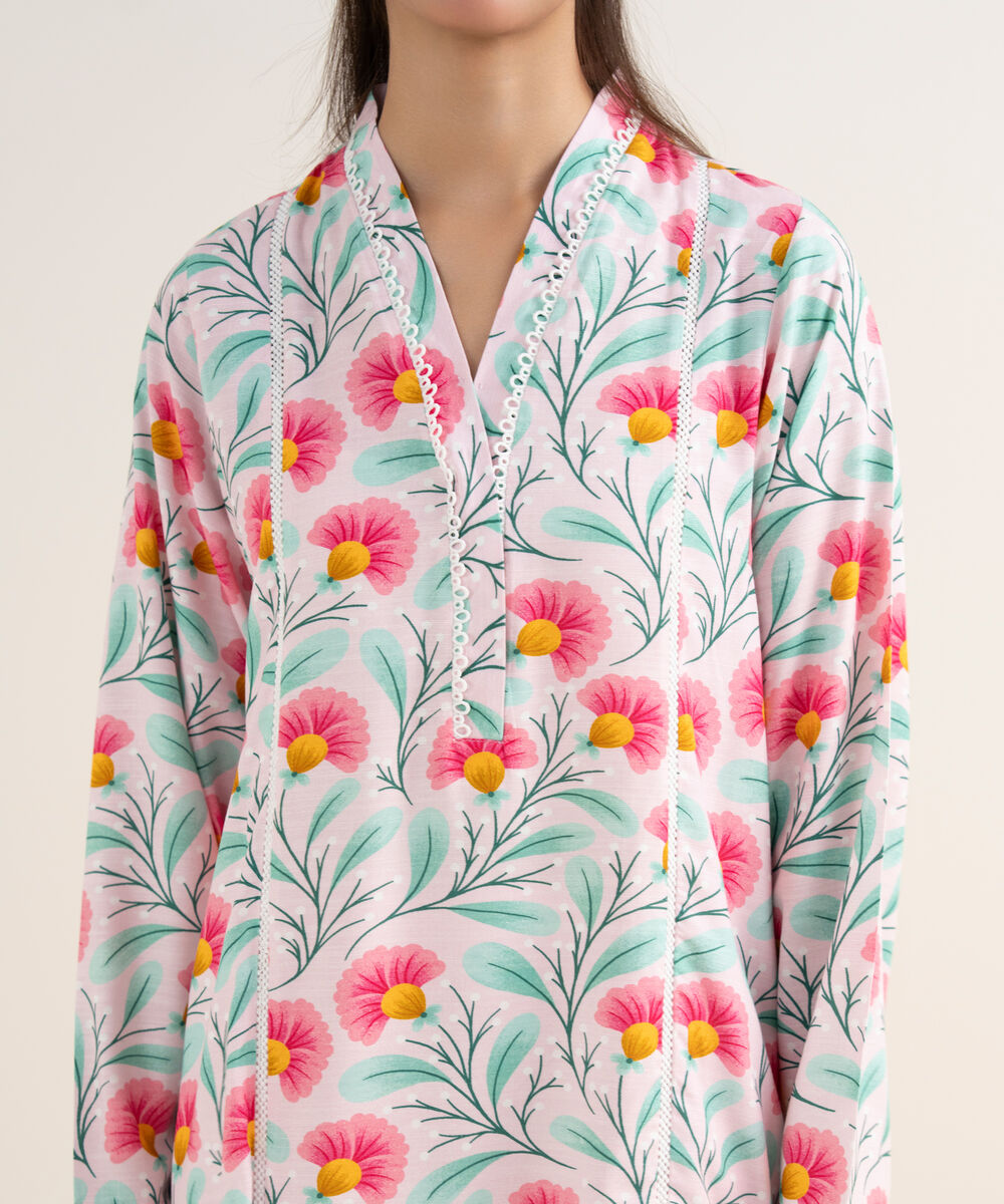 Women's RTW Herringbone Printed Pink A-Line Shirt