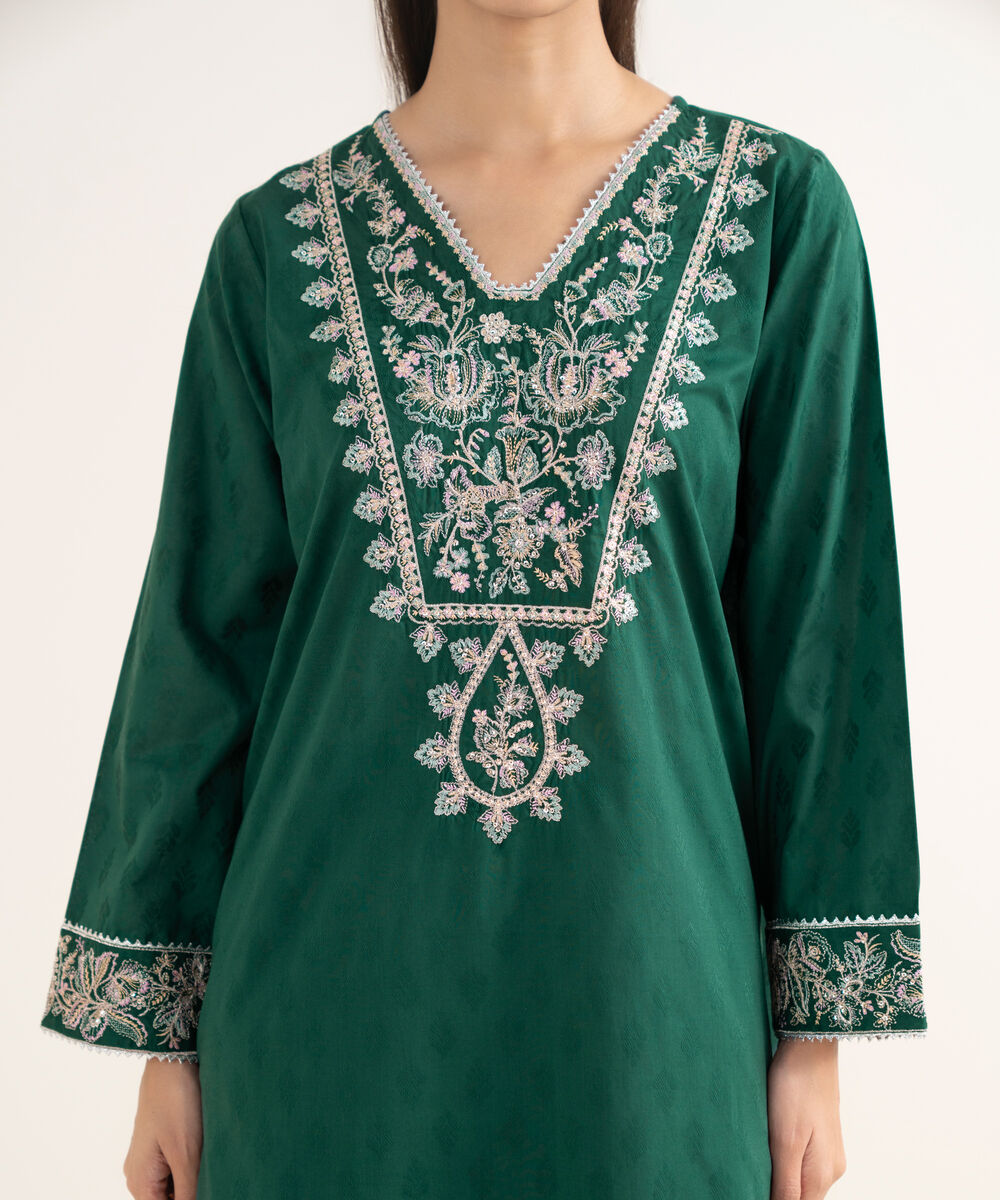 Women's RTW Self Jacquard Embroidered A-Line Green Shirt