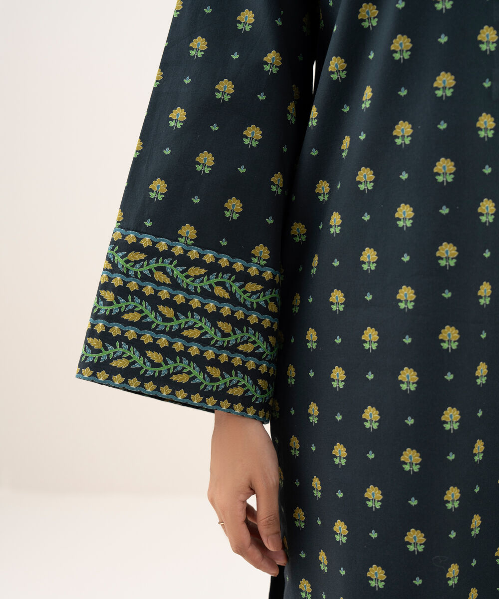Women's Unstitched Cotton Printed Black Shirt