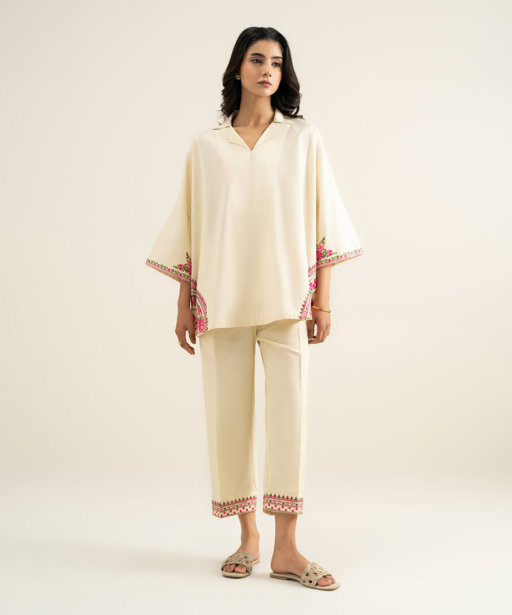 Women's RTW Dobby Embroidered Off White Drop Shoulder Shirt