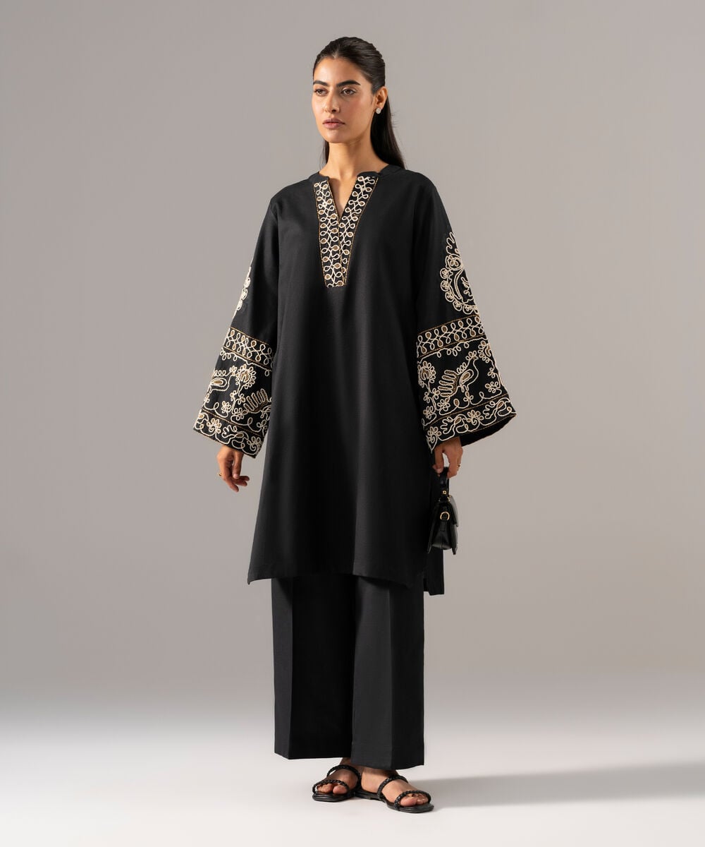 Women's RTW Cotton Linen Embroidered Black 2 Piece Suit