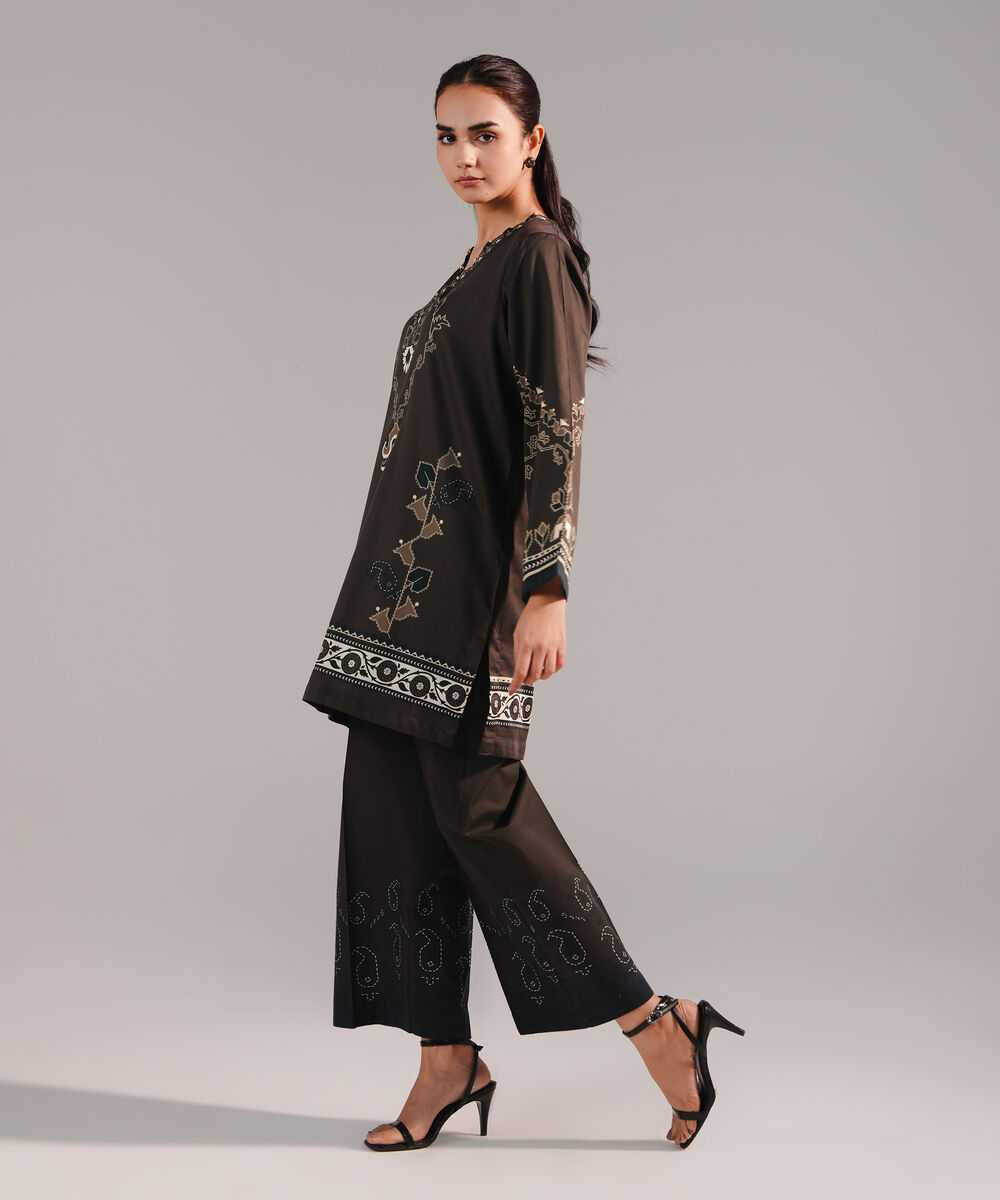 Women's RTW Cotton Satin Printed Dark Olive Green Straight Shirt