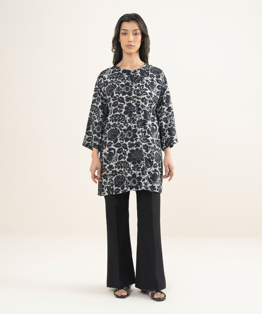 Women's RTW Arabic Cambric Printed Black Drop Shoulder Shirt