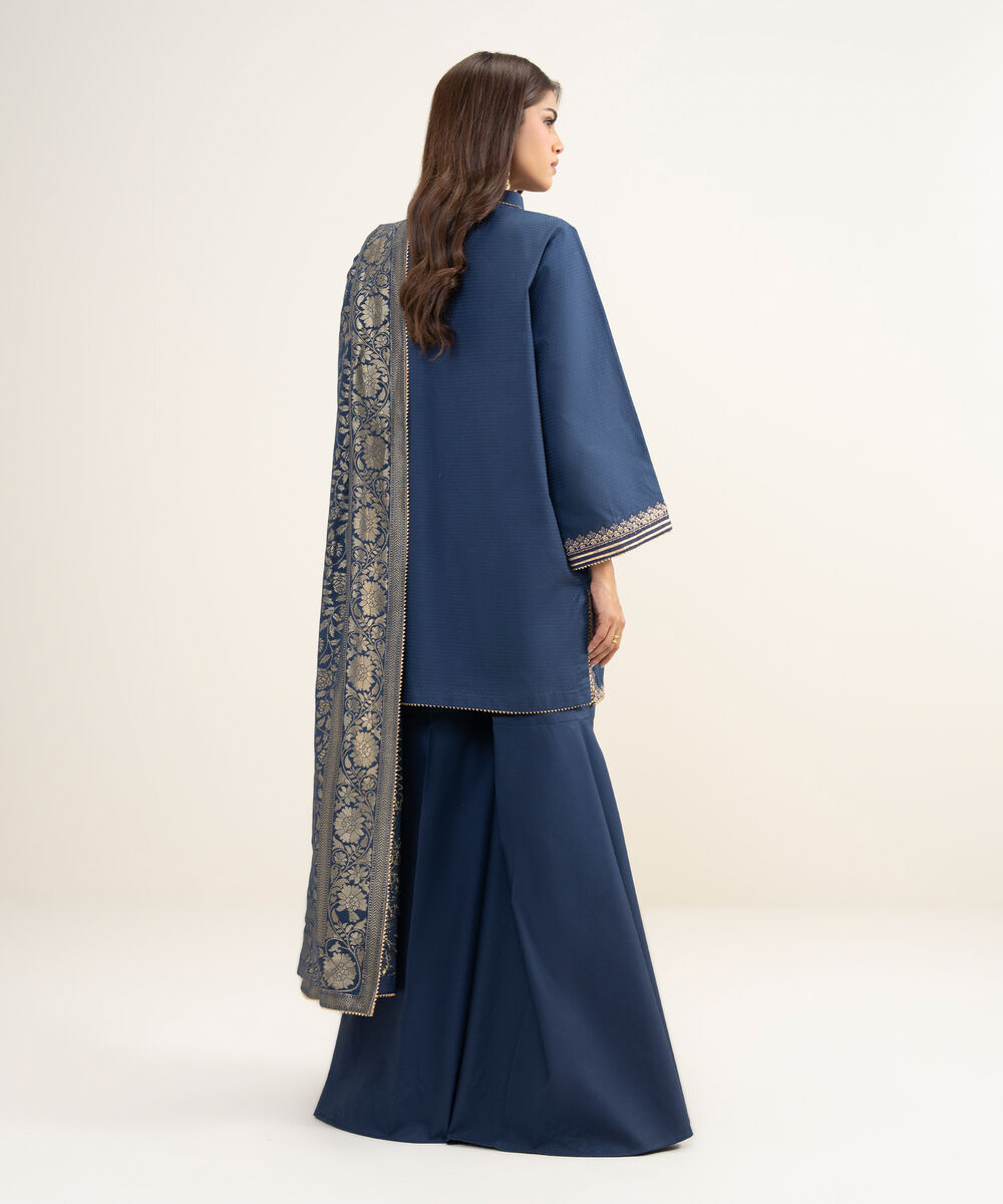Women's Unstitched Dobby Embroidered Blue 3 Piece Suit