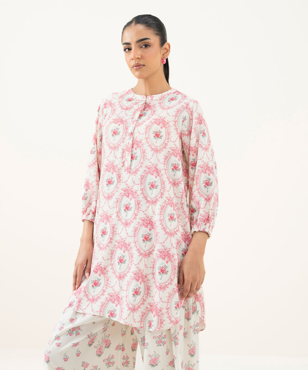 Women's RTW Linen Viscose Printed White Straight Shirt