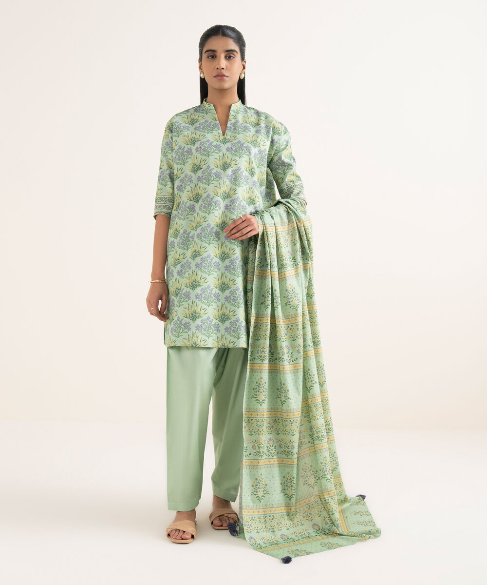 Women's Unstitched Cotton Printed Green 3 Piece Suit