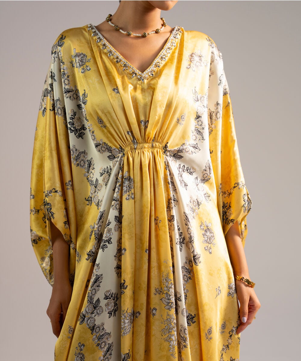 Women's RTW Blended Satin Printed Yellow Kaftan