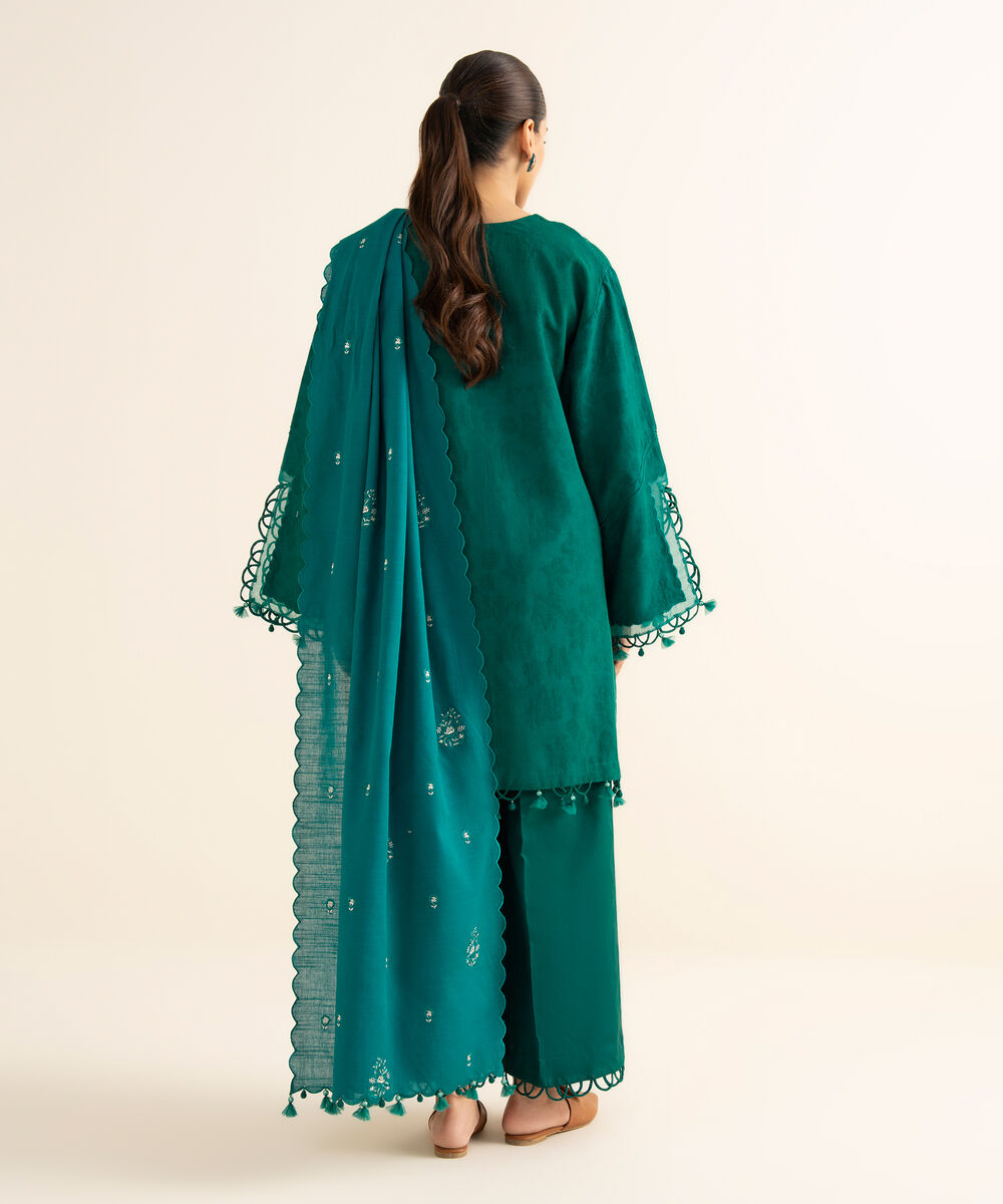 Women's Unstitched Cotton Jacquard Embroidered Green 3 Piece Suit