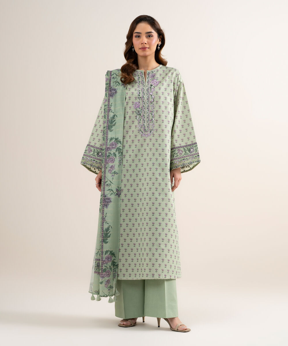 Women's Unstitched Zari Lawn Embroidered Moss Green 3 Piece Suit