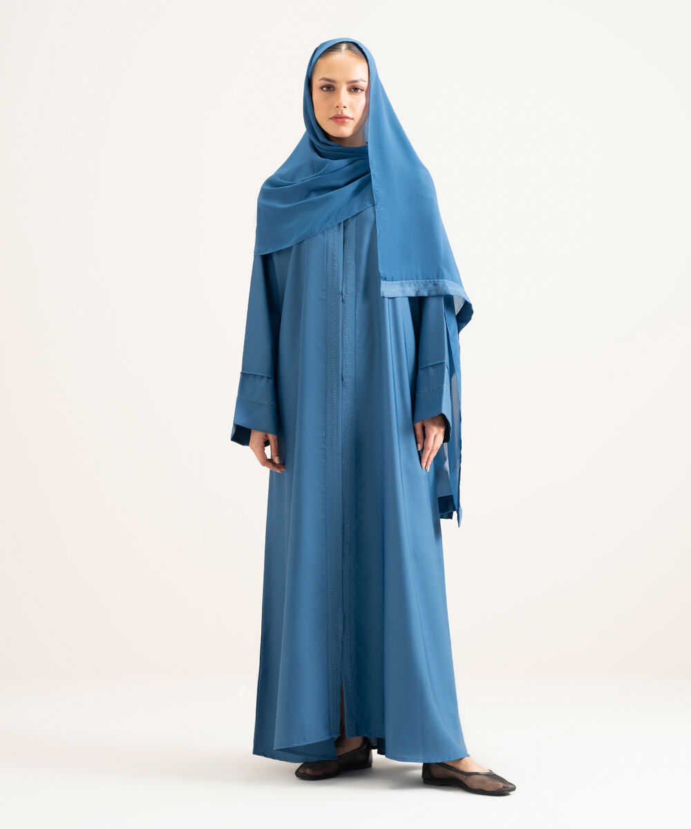 Women's Blue V-Neck Embroidered Abbaya Set