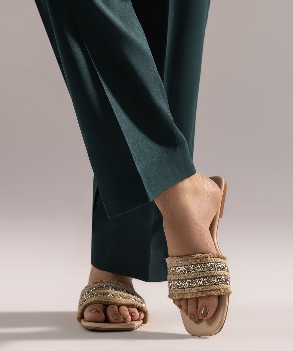 Women's RTW Crosshatch Solid Dark Green Straight Pants