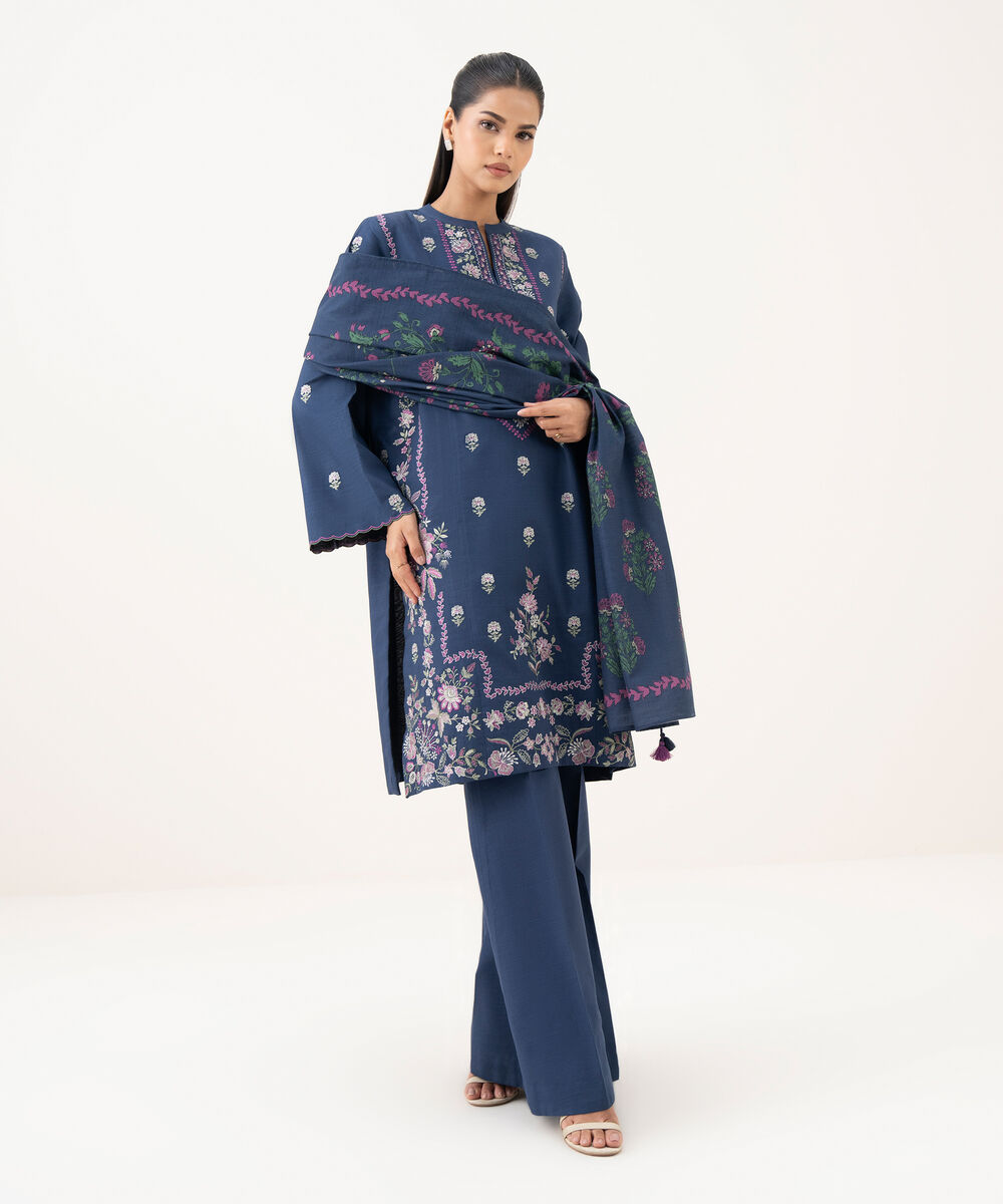 Women's Unstitched Light Khaddar Embroidered Blue 3 Piece Suit