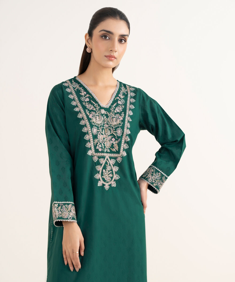 Women's RTW Self Jacquard Embroidered A-Line Green Shirt
