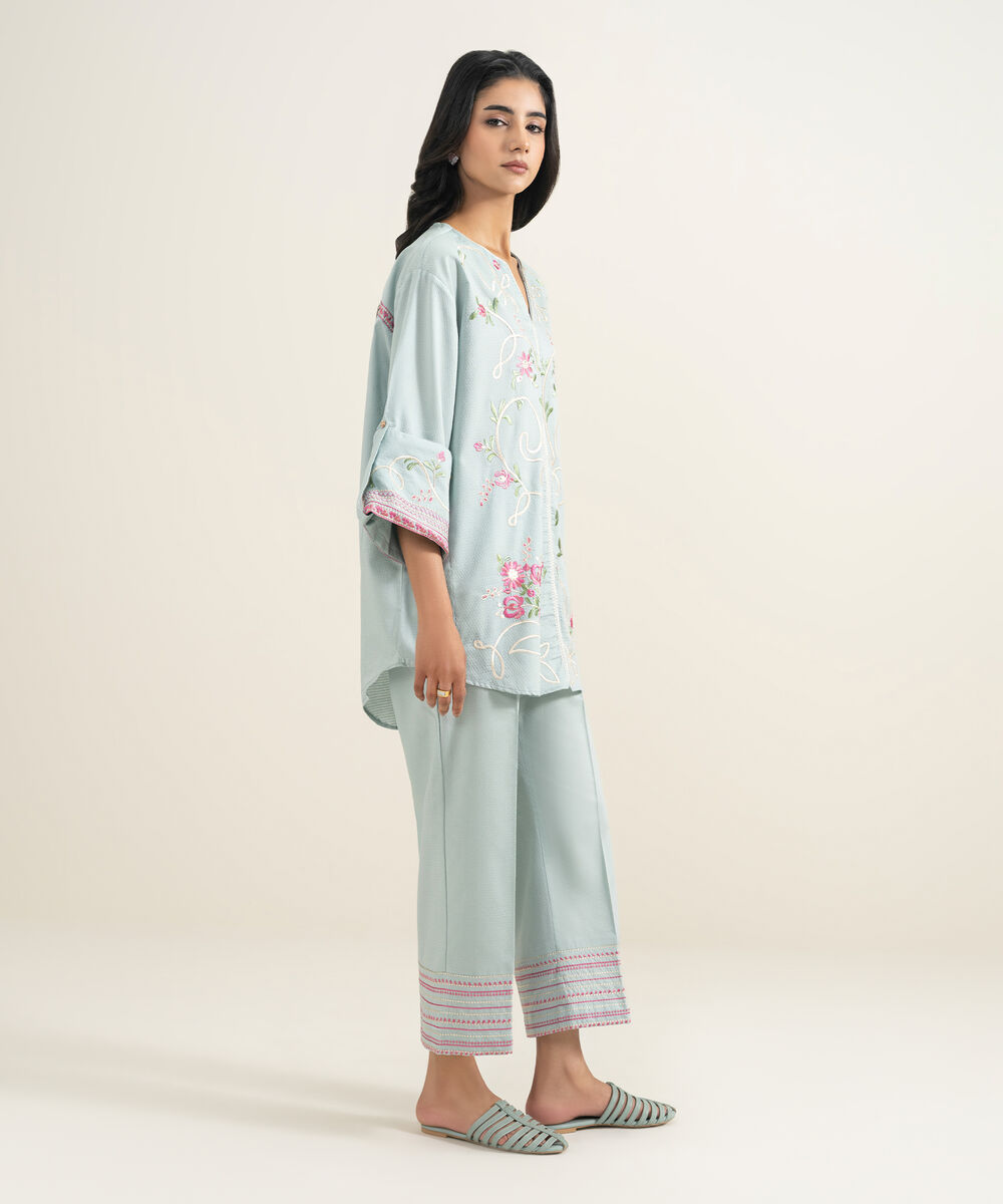 Women's RTW Dobby Embroidered Blue Culottes