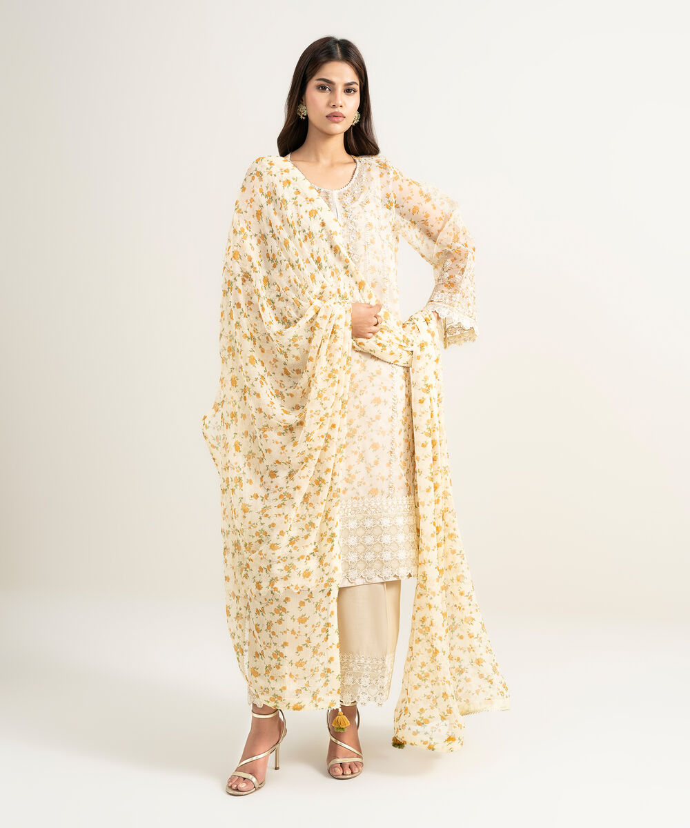 Women's RTW Blended Organza Embroidered Yellow 3 Piece Suit