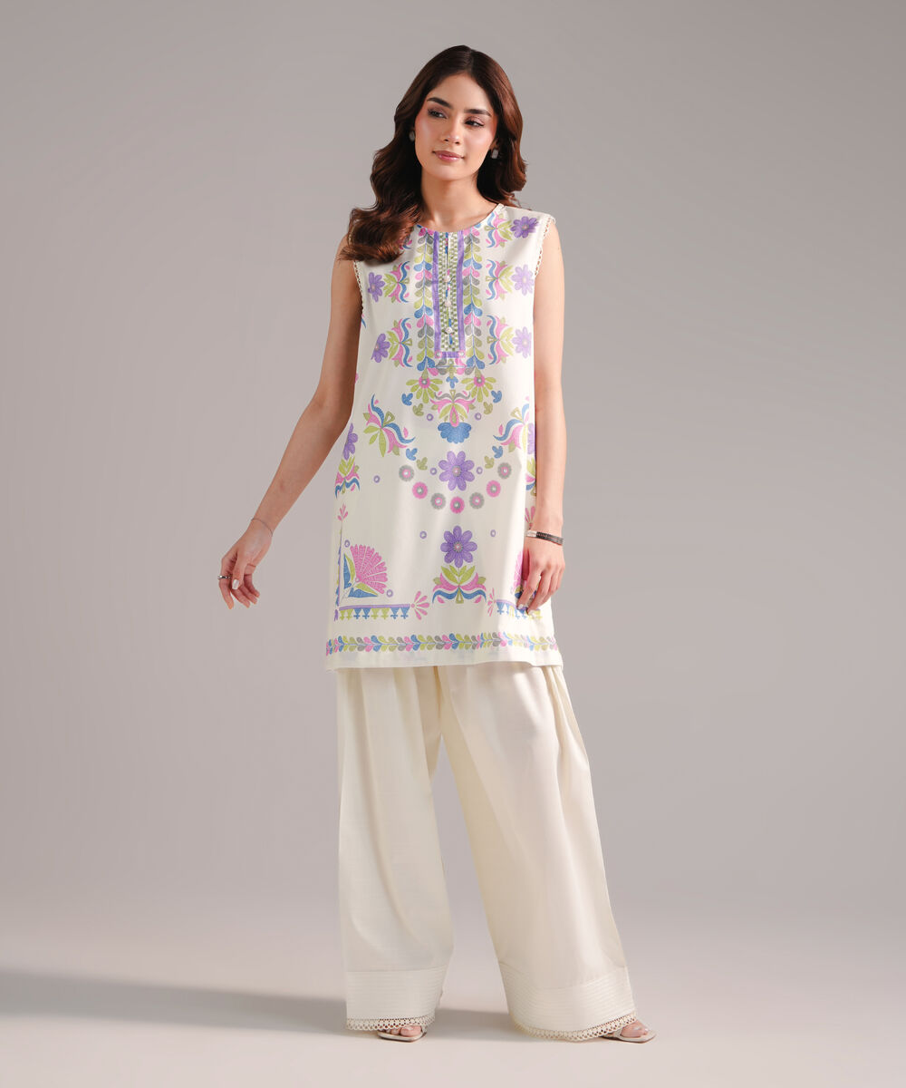 Women's RTW Cotton Viscose Printed Off White Straight Shirt