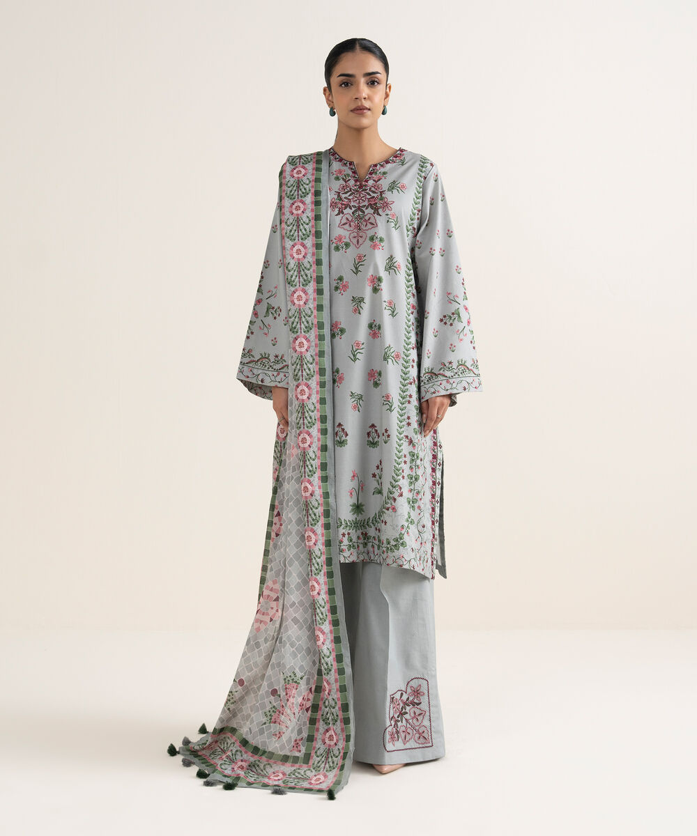 Women's Unstitched Lawn Embroidered Grey 3 Piece Suit