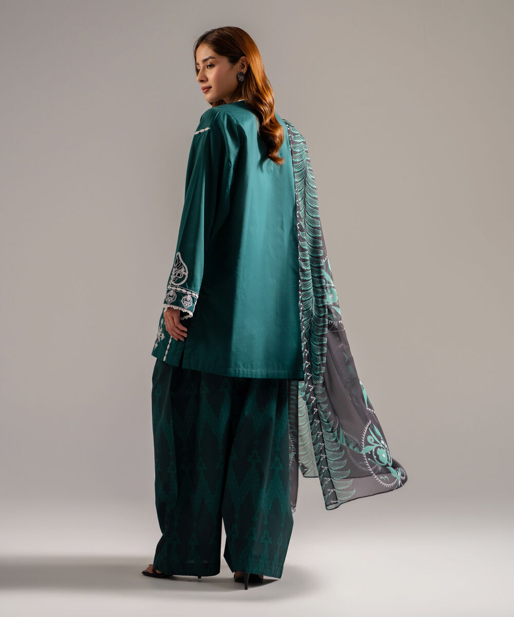 Women's RTW Dobby Embroidered Dark Green 3 Piece Suit