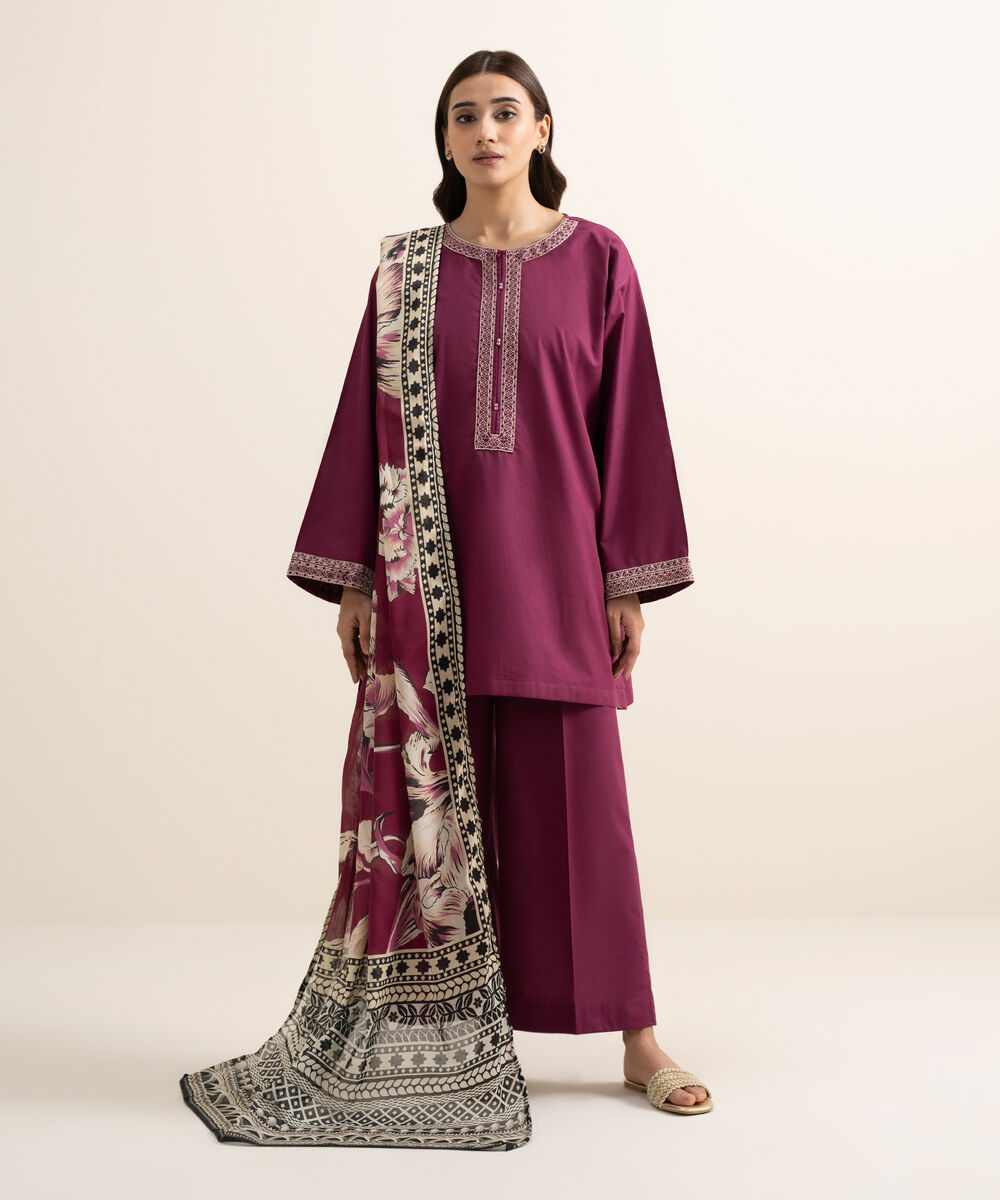 Women's RTW Cambric Embroidered Purple Boxy Shirt