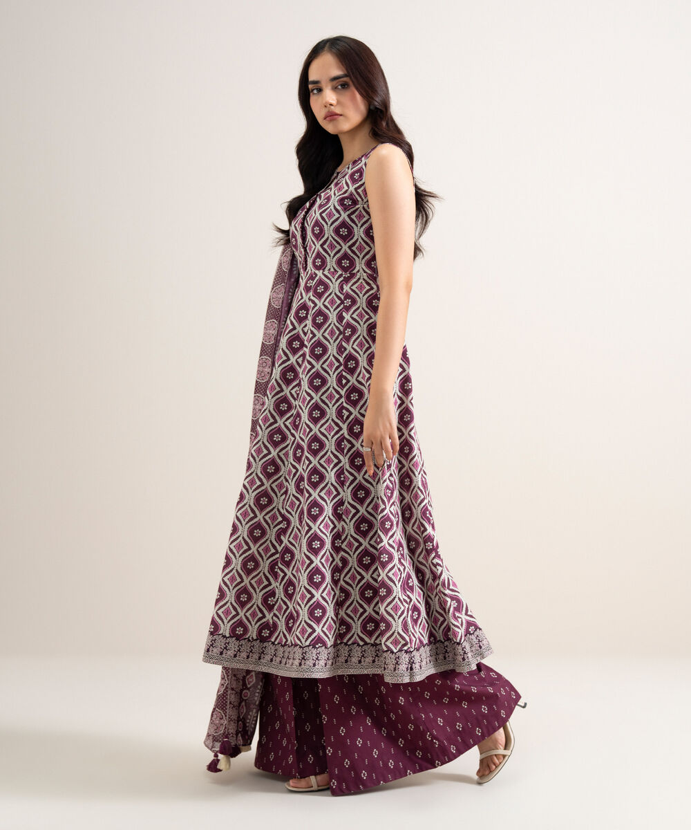 Women's Unstitched Lawn Printed Plum & White 3 Piece Suit