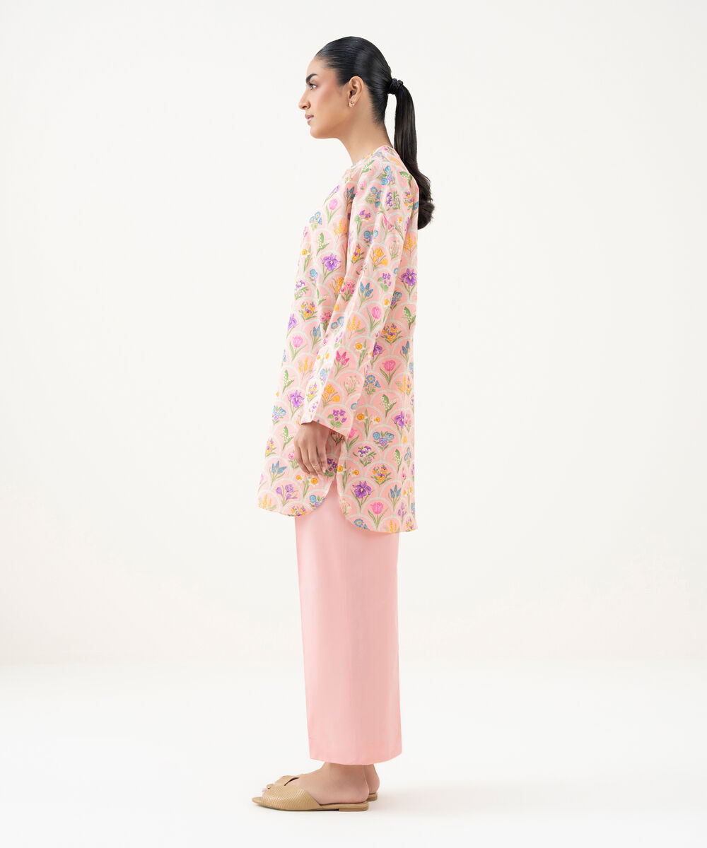 Women's RTW Cambric Printed Pink Drop Shoulder Shirt