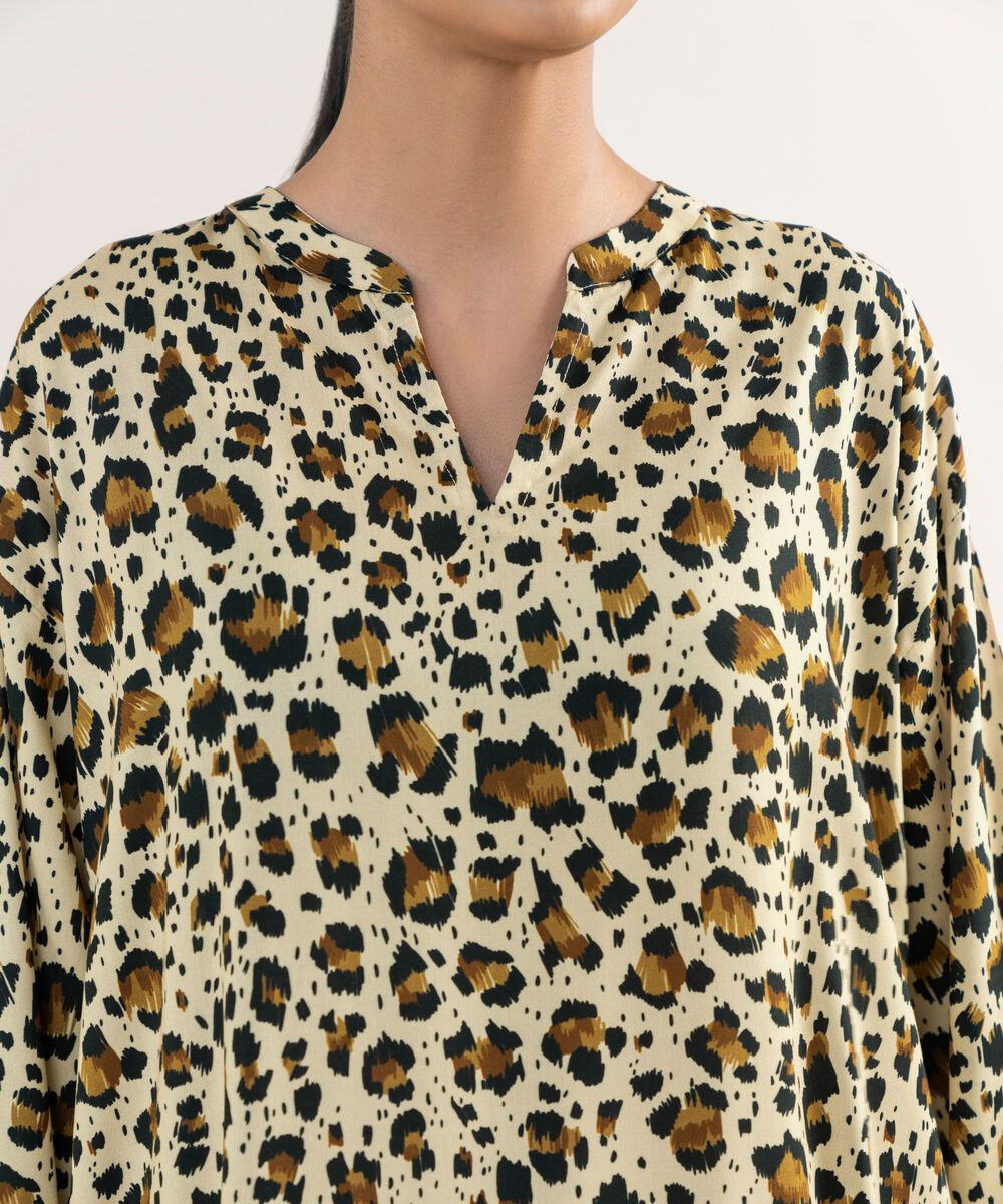 Women's RTW Arabic Lawn Off White Printed Drop Shoulder Shirt