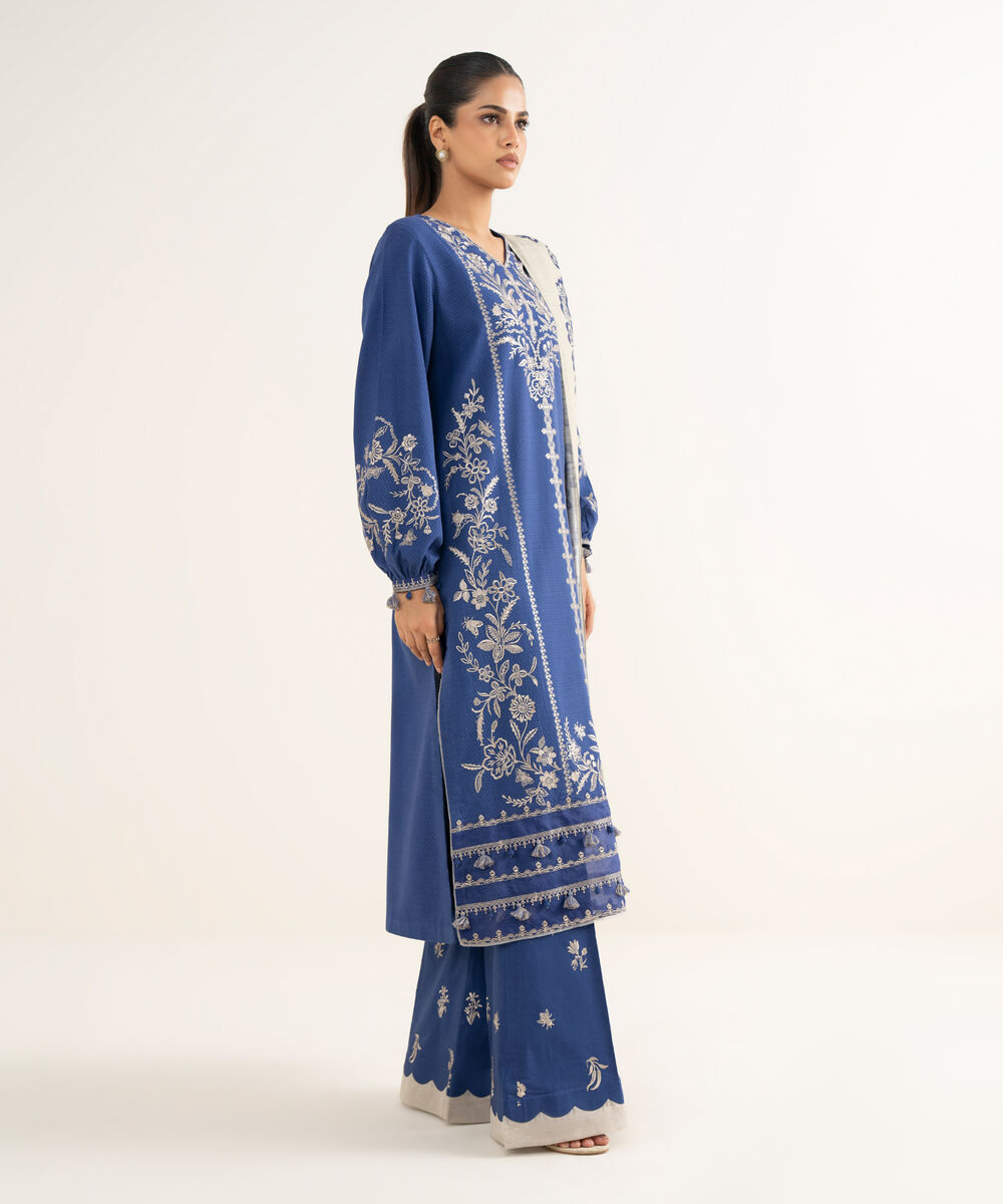 Women's Unstitched Dobby Embroidered Blue 3 Piece Suit