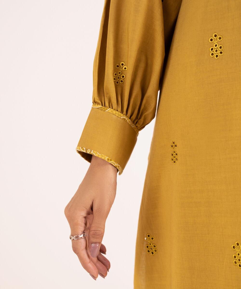 Women's Unstitched Textured Cotton Embroidered Yellow 2 Piece Suit