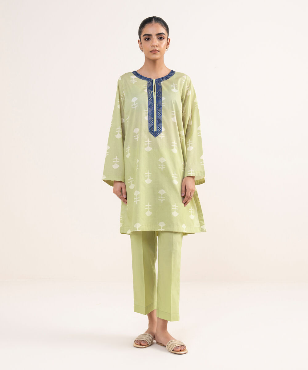 Women's RTW Lawn Green Embroidered Straight Shirt