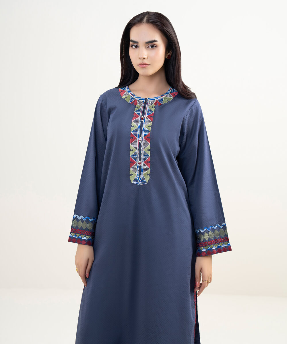 Women's RTW Dobby Embroidered Blue Straight Shirt
