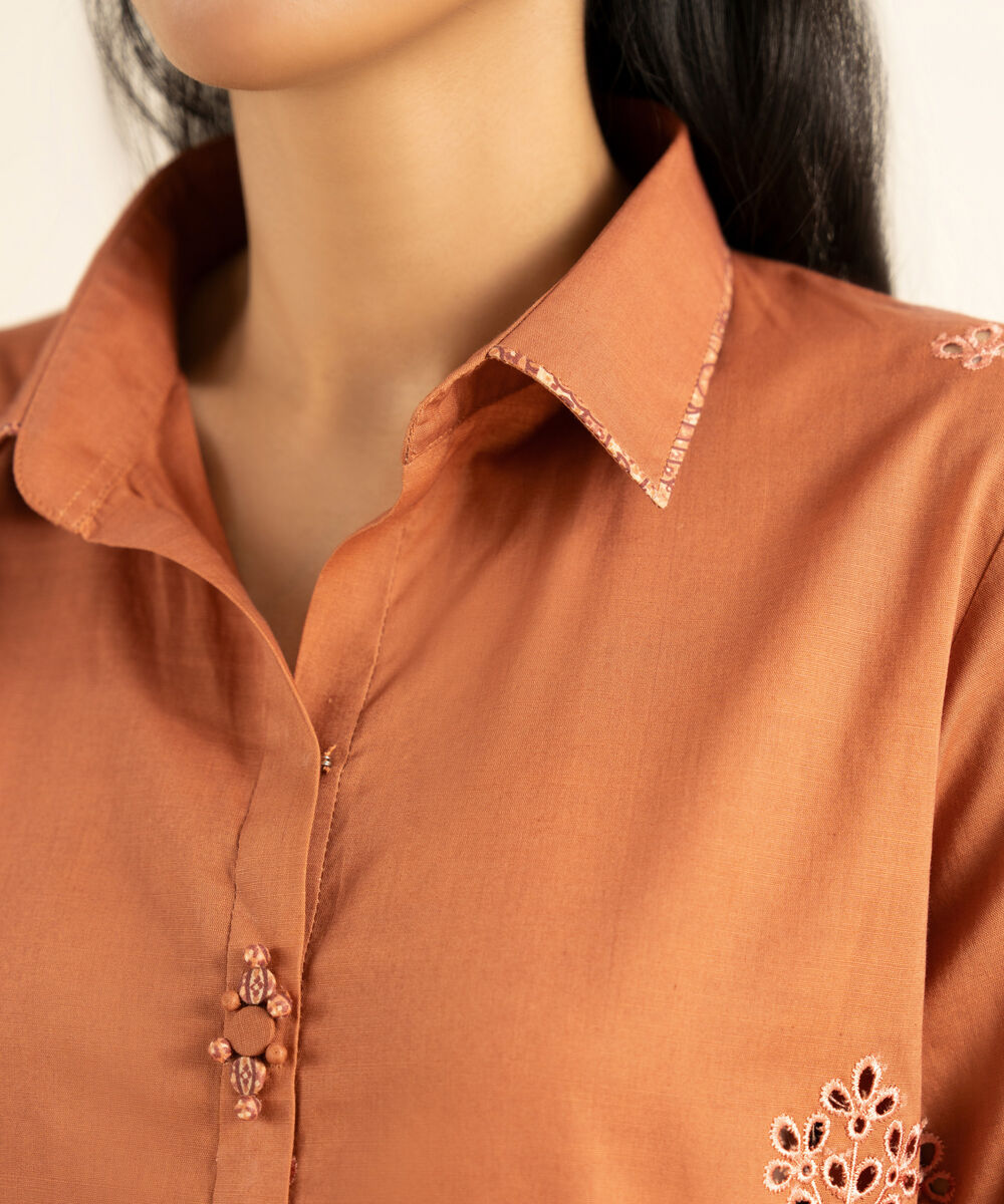 Women's Unstitched Textured Cotton Embroidered Orange 2 Piece Suit