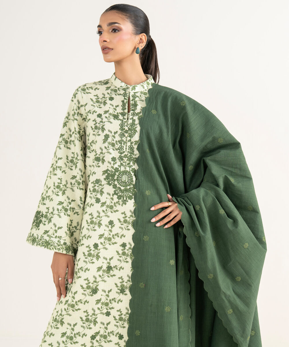 Women's Unstitched Cross Hatch Embroidered Green 3 Piece Suit