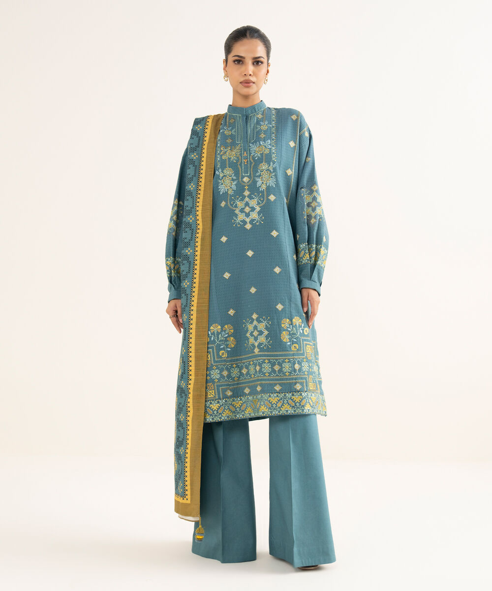 Women's Unstitched Dobby Embroidered Blue 3 Piece Suit