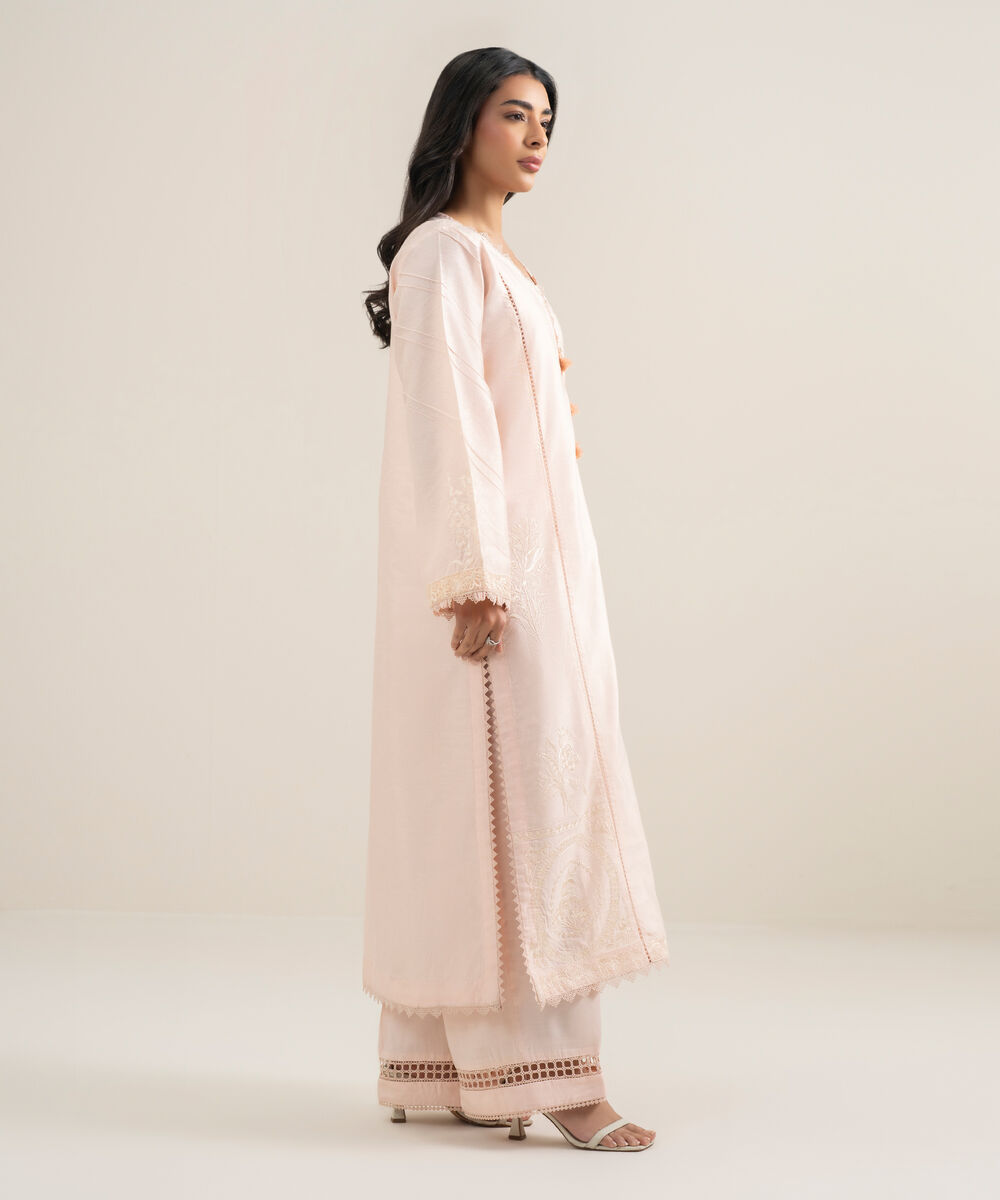 Women's RTW Silk Cotton Net Embroidered Pink 2 Piece Suit