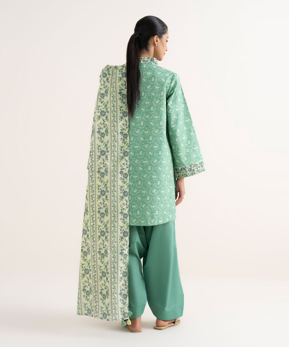 Women's Unstitched Cotton Printed Green Three Piece Suit