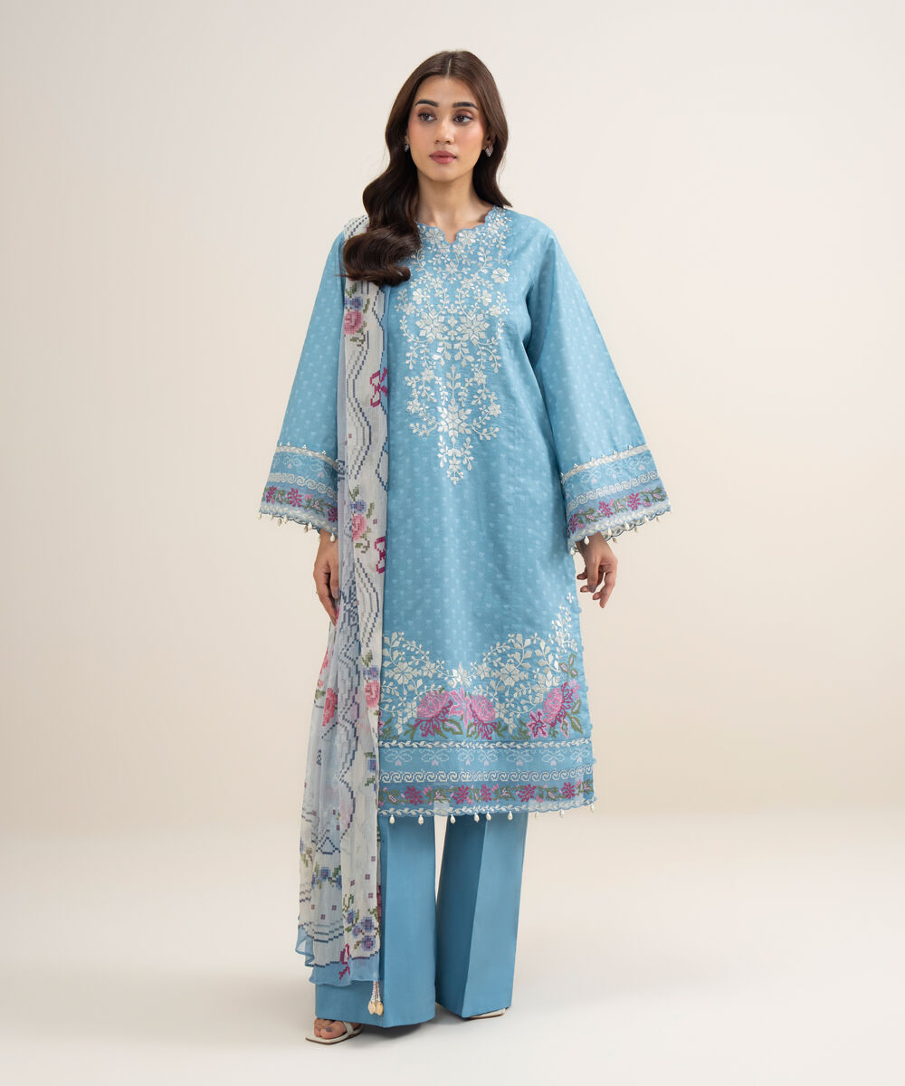 Women's Unstitched Lawn Embroidered Ice Blue 3 Piece Suit