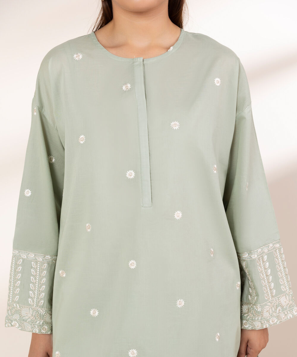 Women's RTW Textured Lawn Green Embroidered Boxy Shirt
