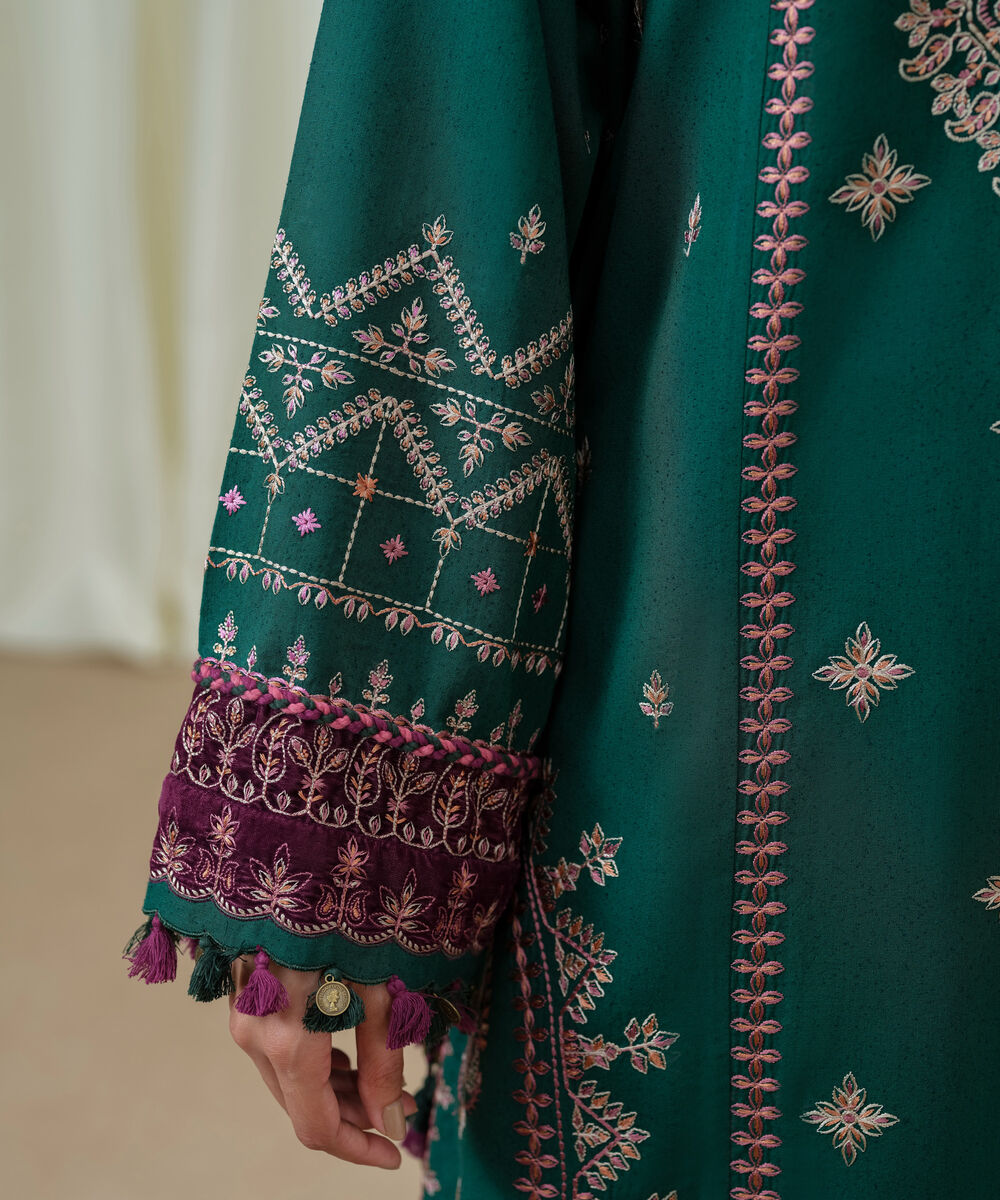 Women's Unstitched Cotton Karandi Embroidered Green 3 Piece Suit